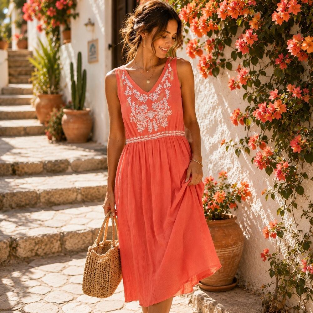 Flint & Moss Coral Embroidered Midi Dress L Boho Resort Beach Vacation Cottage